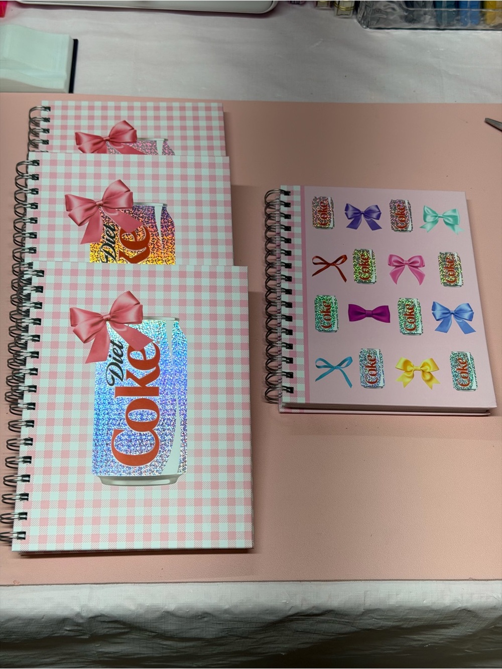 Pink Hardcover Journal Notebook with Decorative Bows and Diet Coke